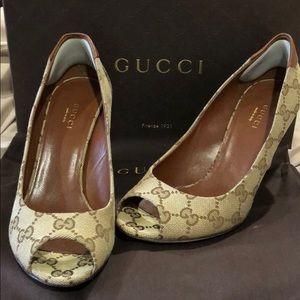 Gucci monogram peep toe wedge shoes
